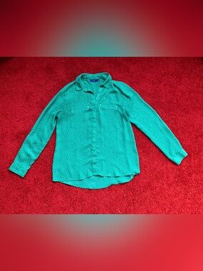 Apt. 9 Teal Polka Dot Button-Down Blouse Women’s Size Medium
